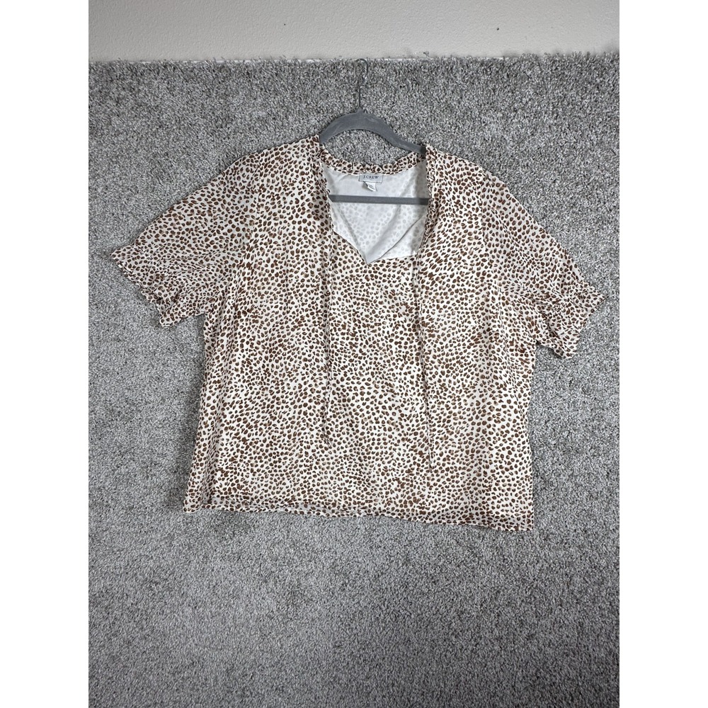 J.Crew Leopard‎ Print Top Size XXL Short Sleeves Tie Neck Career Artsy Blouse